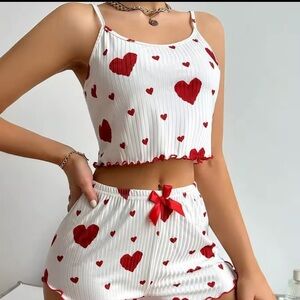 White and Red Heart Print Pajama Set size Small